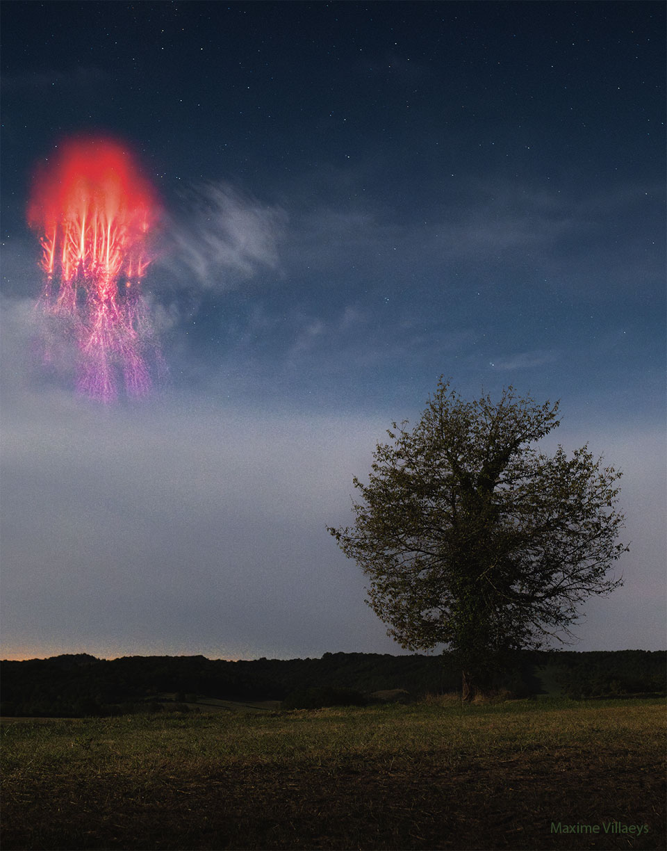 Über einer Landschaft mit Baum leuchtet links oben ein Blitzgeflecht, das von einer roten Wolke umgeben ist - ein roter Kobold.