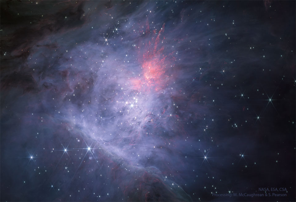 Das Zentrum des Orionnebels ist im Infrarotlicht zu sehen, aufgenommen vom James-Webb-Weltraumteleskop. In der Mitte ist der Trapezsternhaufen. Das Hauptbild wurde im nahen Infrarotlicht, das Rollover-Bild im mittleren Infrarotlicht aufgenommen. Information im Text.
