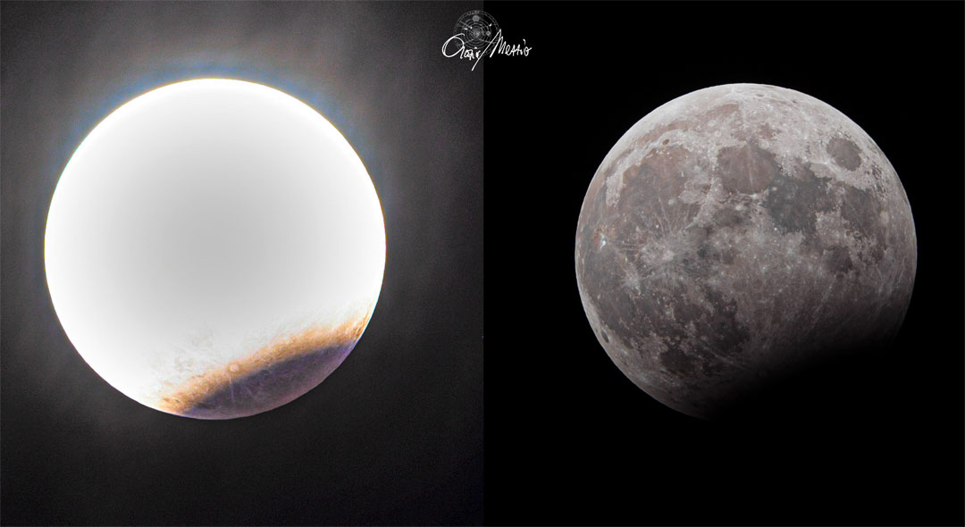 Links ist der Mond stark belichtet abgebildet, am unteren Ende ist der Schatten der Erde zu sehen. Rechts ist der Mond dunkler mit größerem Schatten zu sehen.