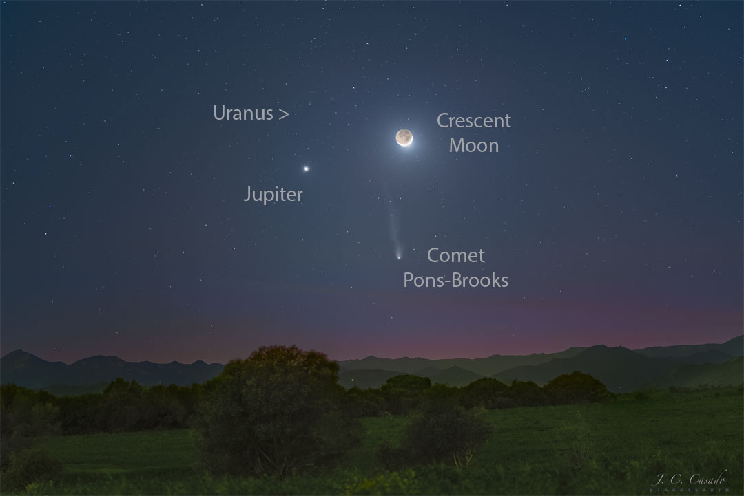 Über einer dunklen Graslandschaft breitet sich ein Sternenhimmel aus. Am Himmel leuchten drei helle Objekte. Es sind Jupiter links oben, eine Mondsichel rechts oben und der Komet Pons-Brooks, sie bilden ein Dreieck. Der Komet hat zwei Schweife, die fast bis nach oben reichen.