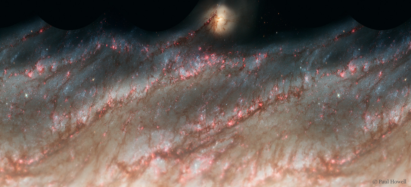 Die Spiralarme der Galaxie M51 wurden im Bild aufgewickelt und als rechteckige Karte dargestellt. Am unteren Bildrand ist das Zentrum der Galaxie, oben hängt die kleine Begleitgalaxie an einem Spiralarm.