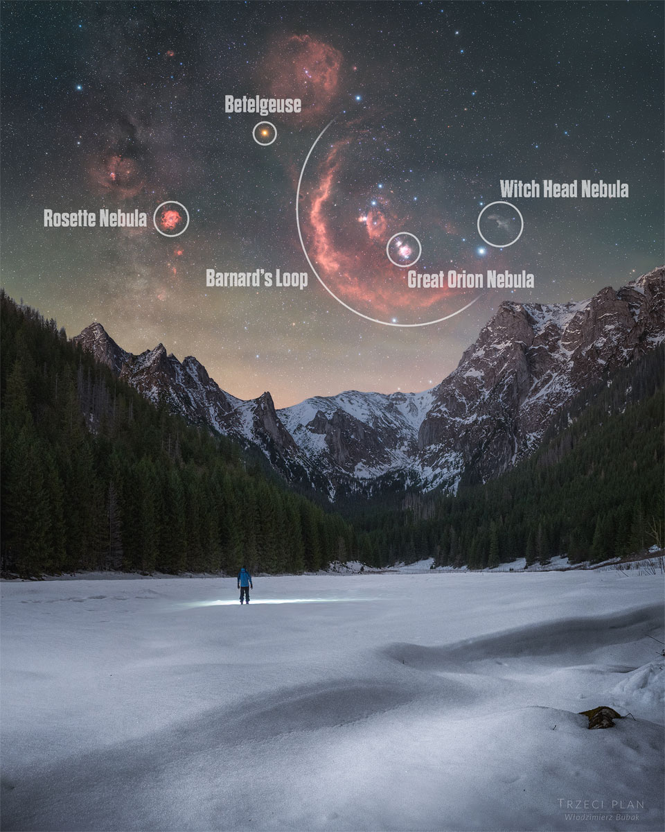 Unten steht eine Person in einer verschneiten Landschaft und leuchtet mit einer Taschenlampe auf den Boden. Am Horizont dahinter stehen Bäume und schneebedeckte Berge. Am Sternenhimmel oben schimmern mehrere bekannte rote Nebel.