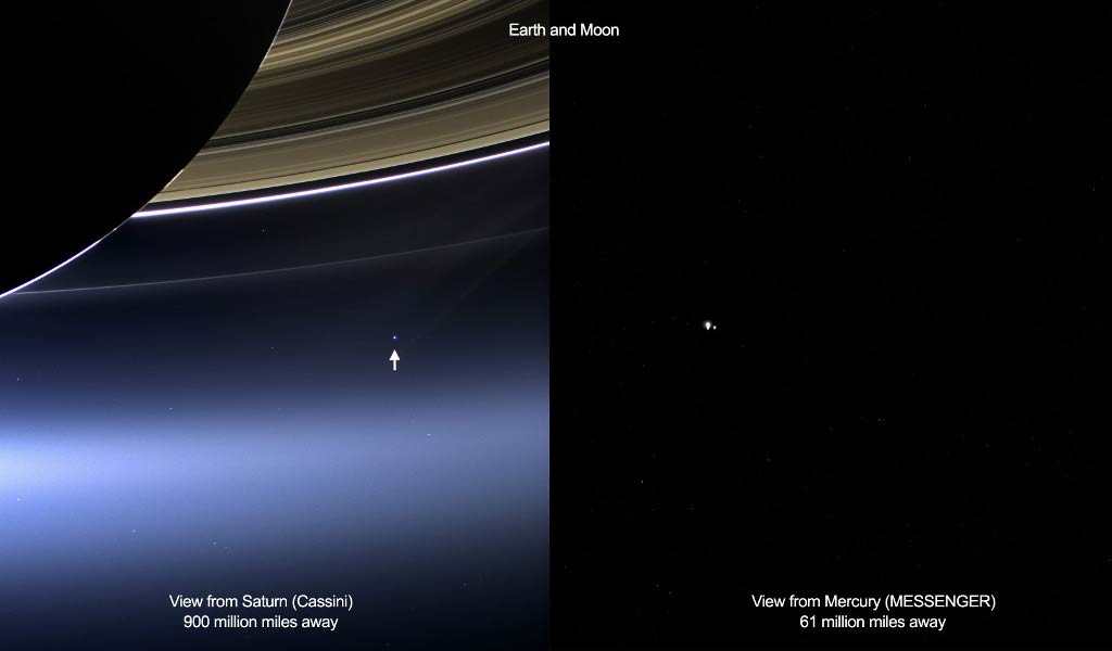 Das linke Bild zeigt die Erde unter den Ringen des Saturn, sie ist mit einem Pfeil markiert. Das Bild stammt von der Raumsonde Cassini. Rechts sind Mond und Erde aus der Perspektive der Raumsonde MESSENGER beim Planeten Merkur zu sehen.
