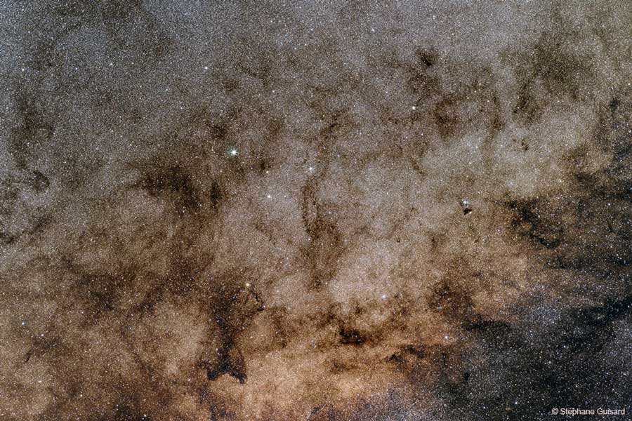 Die dicht gedrängten Sternenfelder im Bild sind von dunklen Staubwolken durchzogen. Das Bild blickt zum Zentrum der Milchstraße.