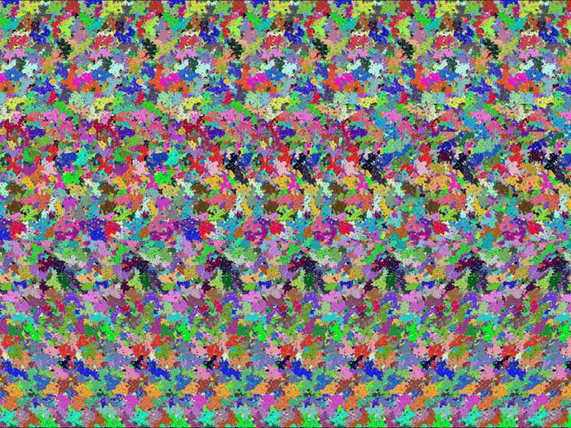Im Bild ist ein Kuddelmuddel aus bunten Farbflecken zu sehen. Wenn man es längere Zeit anstarrt und dabei schielt, entdeckt man eine Teekanne, die dreidimensional wirkt.