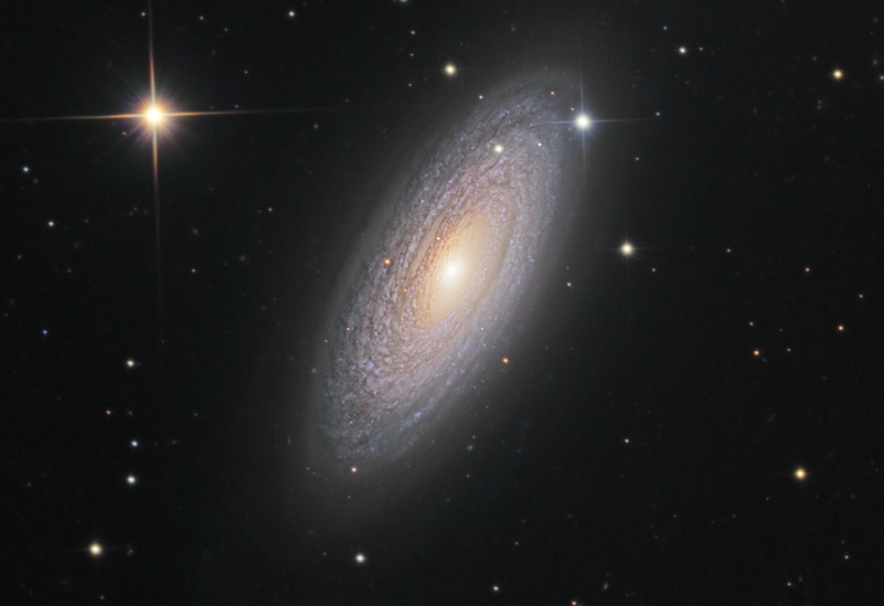 Die Galaxie NGC 2841 liegt schräg in dieser Aufnahme, ihre sehr eng gewundenen Spiralarme sind sehr auffällig.