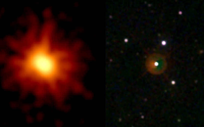 Der Satellit Swift beobachtete einen ungeheuren Ausbruch, der links als große orangefarbene Quelle abgebildet ist. Rechts ist derselbe Ausbruch schwächer im UV-Licht zu sehen.