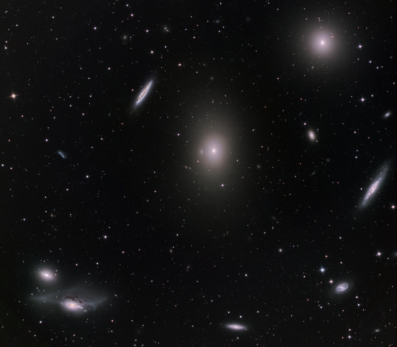 Vor einem dunklen Hintergrund mit wenigen Sternen sind zahlreiche verschiedene Galaxien verteilt.