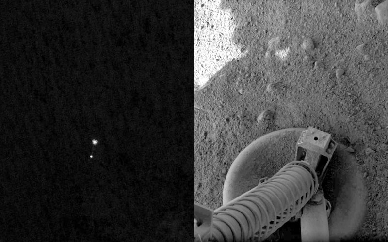 Das Bild ist zweigeteilt, links zeigt die Landung der Raumsonde Phoenix, aufgenommen vom Mars Reconnaissance Orbiter, das rechte Bild zeigt einen Fuß der Landesonde Phonix in Schwarzweiß.