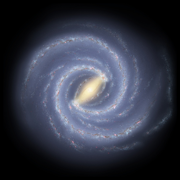 Die Illustration zeigt die Milchstraße mit ihren Spiralarmen von oben.