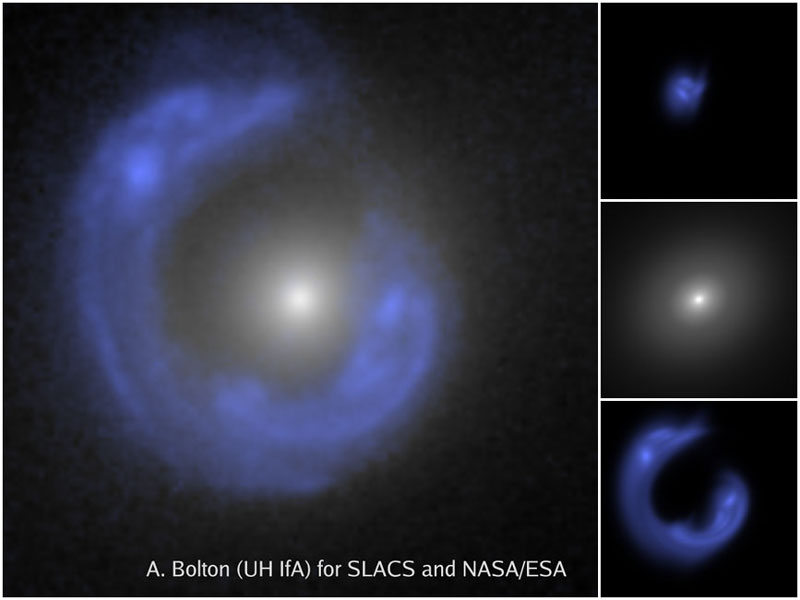 Das Bild ist geteilt, links befindet sich ein großes Bildfeld, in dem eine leuchtend blaue ringförmige Nebelstruktur um einen hellen Kern verläuft, rechts sind senkrecht drei Bildfelder angeordnet, die nur einzelne Elemente des Gesamtbildes enthalten.