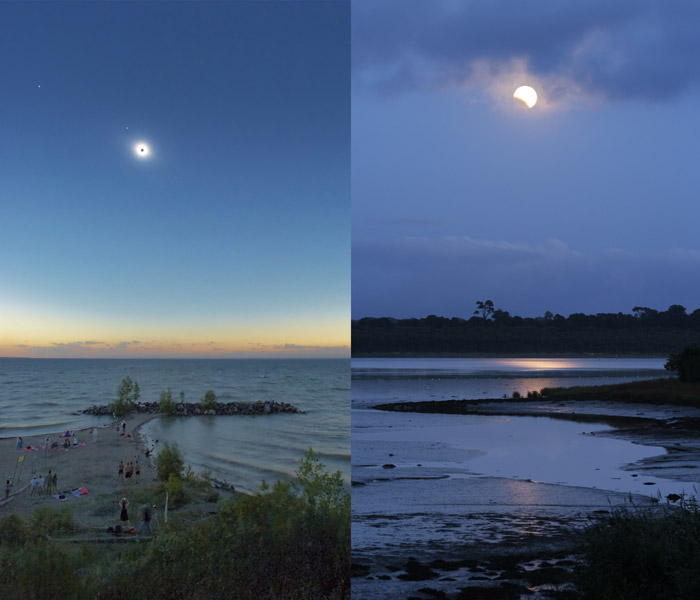 Das Bild ist zweigeteilt, in beiden Bildhälften ist eine Sonnenfinsternis über Wasser zu sehen. Links leuchtet am Himmel die totale Phase, rechts ist eine partielle Phase zu sehen.