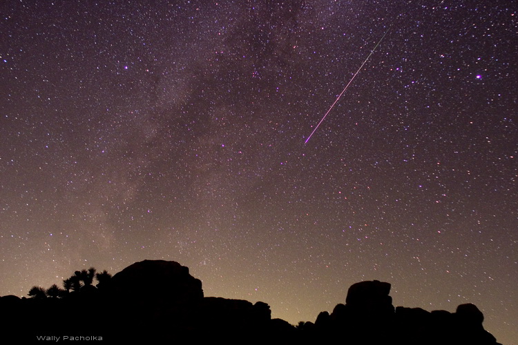 Hinter einem dunklen Horizont befindet sich ein sternklarer Nachthimmel und die Spur eines Meteors der Perseiden.