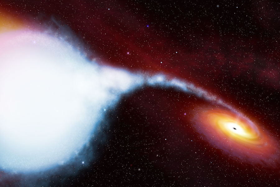 Links im Bild leuchtet ein heller bläulicher Stern mit ausgefranstem Rand, von diesem verläuft ein Materiestrom nach rechts zu einer rot-orangefarbenen Akkretionsscheibe um ein Schwarzes Loch.