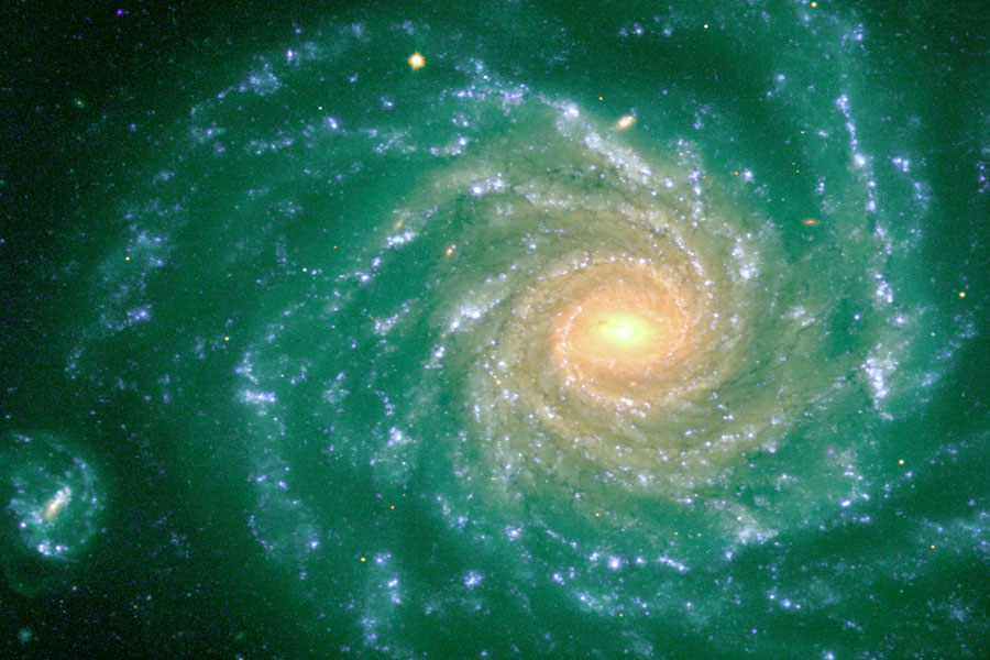 Eine Spiralgalaxie mit sehr dichten Spiralarmen leuchtet grün und hat einen gelb-orange leuchtenden Kern. Sie füllt fast das ganze Bildfeld. Rechts ist eine kleine Begleitgalaxie.