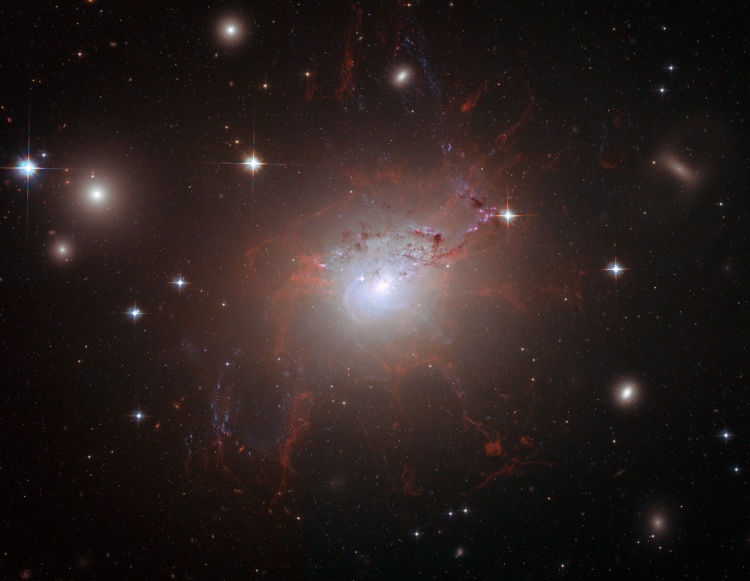Das Bild zeigt eine aktive Galaxie, die elliptisch wirdkt. Im Vordergrund winden sich Ranken und Staubbahnen.