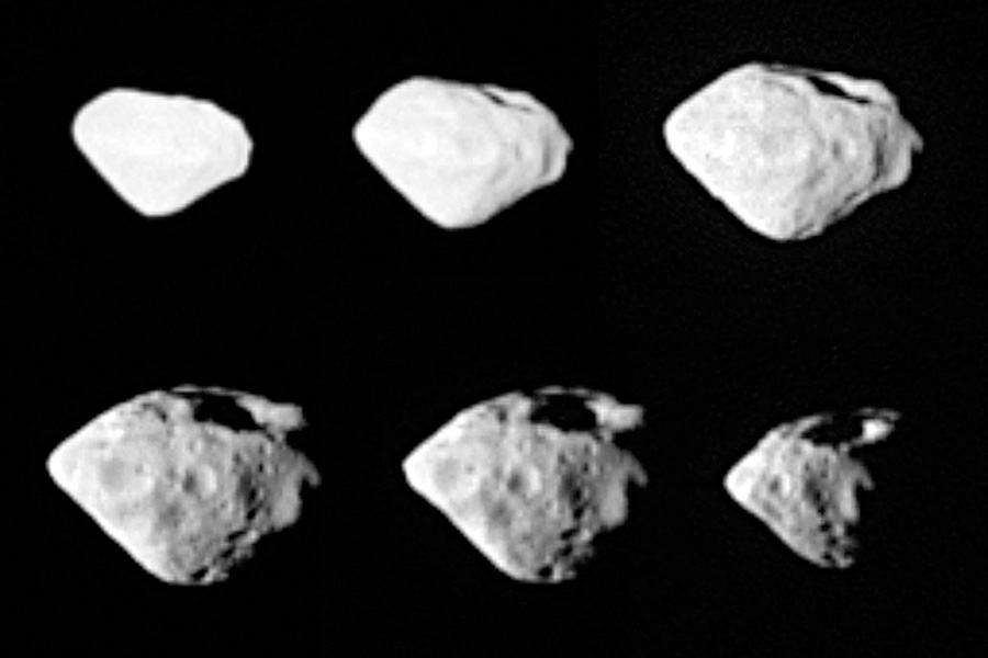 Sechs Ansichten  des Asteroiden Šteins, welche die Raumsonde Rosetta bei ihrem Vorbeiflug fotografierte.