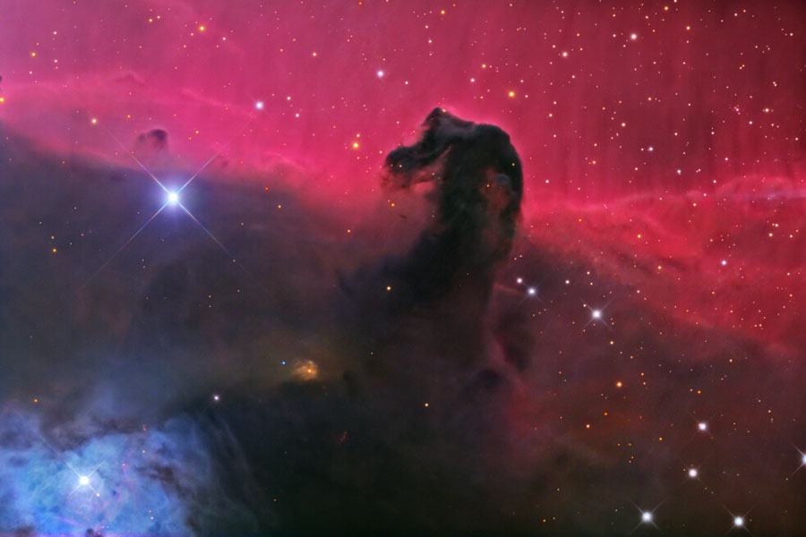 Die untere Hälfte des Bildes ist dunkel, die obere leuchtet magentafarben. Aus der dunklen Hälfte ragt eine pferdekopfförmige dunkle Wolke in den roten Bereich. Links unten leuchtet ein blauer Nebel mit einem Stern in der Mitte.