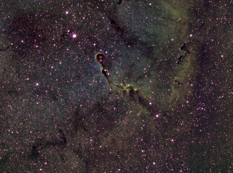 Das Bild zeigt rosa umrandete Sterne und dunkle Nebelranken, die grünlich beleuchtet sind.