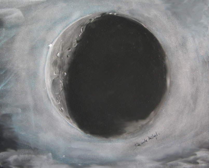 Das Gemälde zeigt den dunklen Mond, links ist eine Mondsichel mit vielen Kratern.