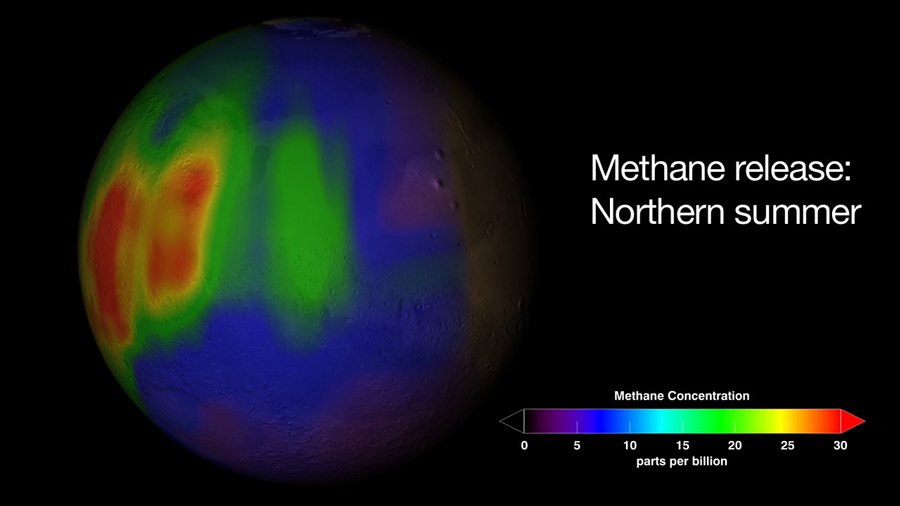 Links ist eine blau gefärbte Kugel mit Flecken, die außen grün sind und sich nach innen hin über gelb zu rot verfärben, rechts ein Schriftzug in der Mitte: "Methane release: Northern summer" und unten ein Streifen in Spektralfarben.