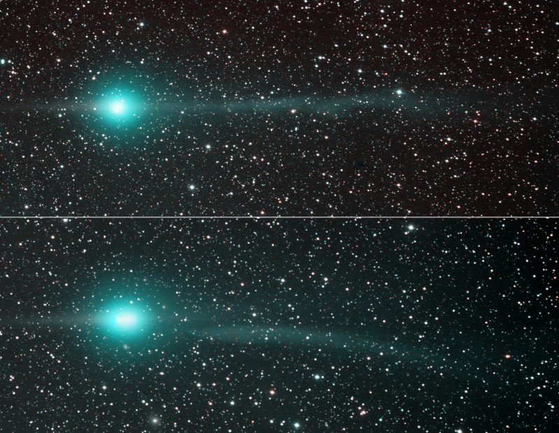 Das Bild ist waagrecht zweigeteilt. Im oberen und im unteren Bild ist ein türkis leuchtender Komet mit zartem Schweif abgebildet. Im unteren Bild wirkt der Schweif abgerissen.