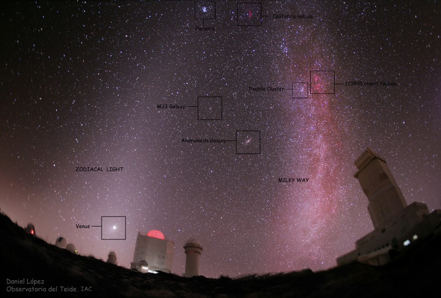 Hinter Teleskopkuppeln steigt am sternklaren Himmel links Zodiakallicht auf, rechts wölbt sich die Milchstraße.