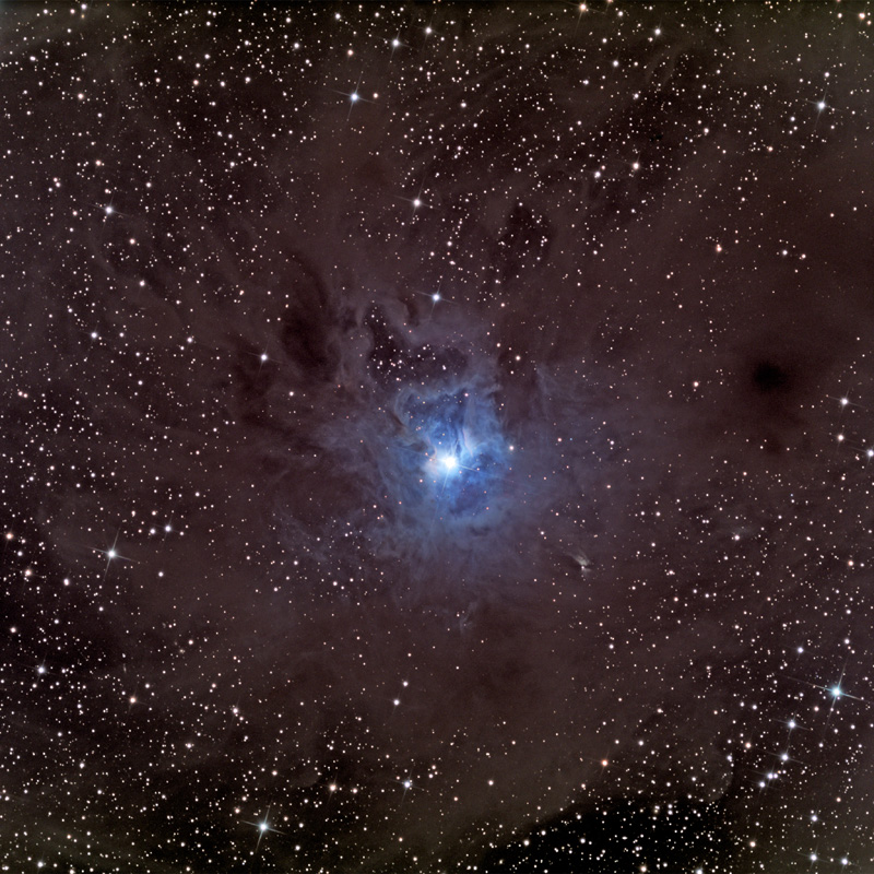 Mitten im sterngefüllten Bild leuchtet ein blauer Nebel mit einem hellen Zentrum.