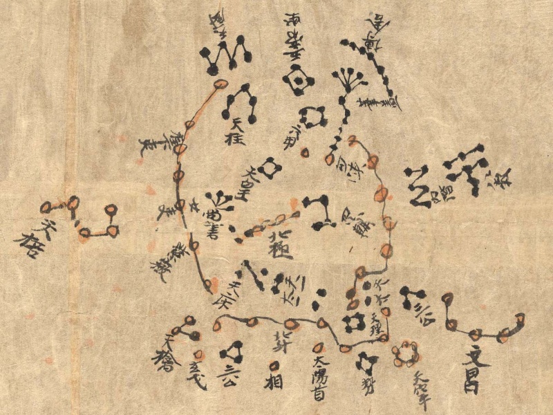 Auf ein braungraues Papier ist in groben Zügen eine Sternkarte gezeichnet und mit Kanji beschriftet.
