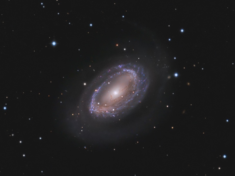 Die Galaxie in der Mitte ist von Spiralarmen umgeben, die wie ein Ring wirken. Das Zentrum wirkt verschwommen mit einem hellen Kern.