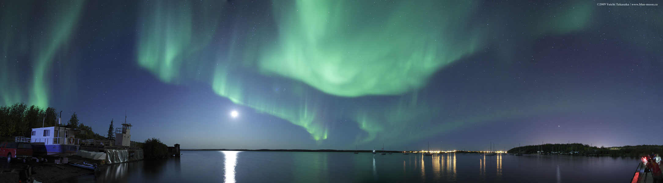 Über einem Horizont eines Gewässers sind grüne Polarlichtschleier über den ganzen Himmel verteilt.
