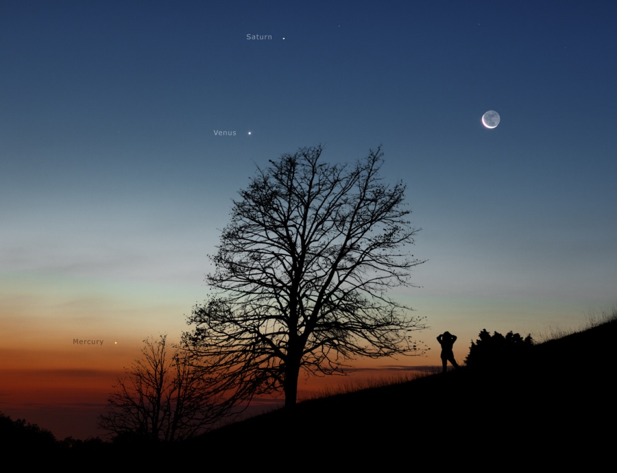 Auf einem Hang stehen ein Baum und eine Person, alle sind als Silhouetten zu sehen. Der Abendhimmel ist unten rot, oben dunkelblau, in der Morgendämmerung ist der Planet Merkur zu sehen, oben am Himmel stehen links Venus und Saturn, rechts ein alter Sichelmond.