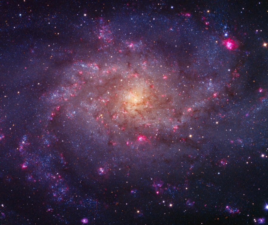 Das Bild füllt eine Spiralgalaxie, die von oben sichtbar ist. In der Mitte iet ein gelblich leuchtendes Zentrum, nach außen verlaufen sehr lose gewundene Spiralarme mit zahlreichen Sternbildungsregionen, die rötlich leuchten.