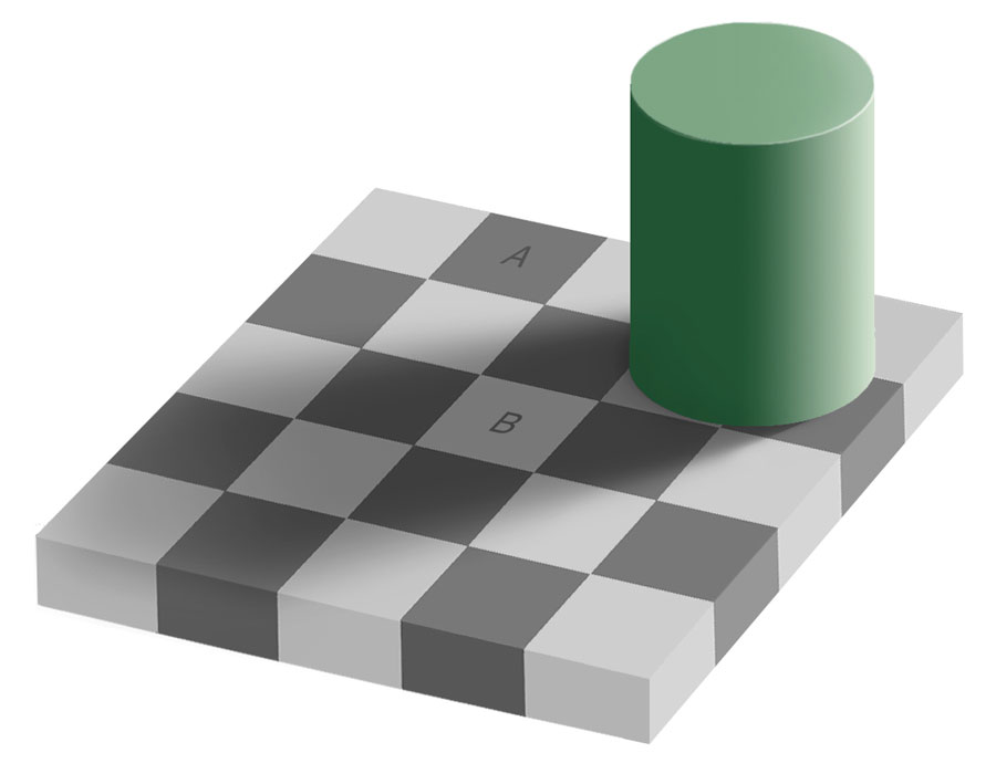 Ein grüner Zylinder auf einem schwarz-weiß-gekachelten Feld wirft einen Schatten. Es sieht aus, als wären die mit A und B markierten Felder unterschiedlich hell, doch das ist eine Illusion.
