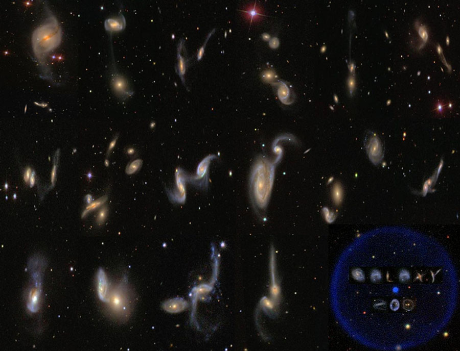 Das Bild zeigt viele verzerrte Galaxienpaare und einzelne verzerrte Galaxien.