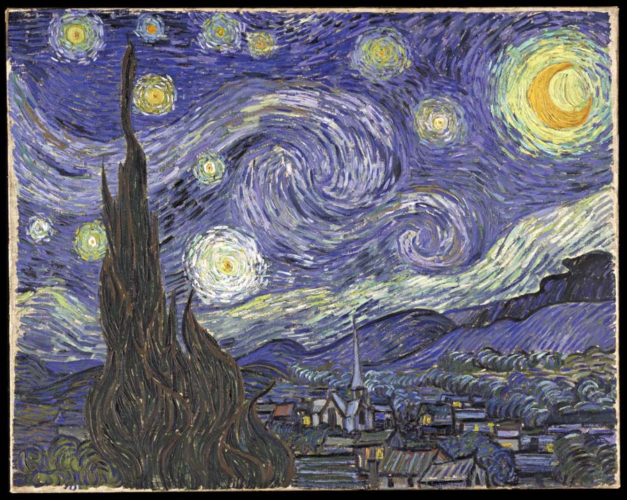 Das Gemälde "Sternennacht" zeigt eine nächtliche Landschaft mit einem Baum im Vordergrund und einem Dorf mit einem lebhaften Himmel, auf dem Sterne und Mond leuchten.
