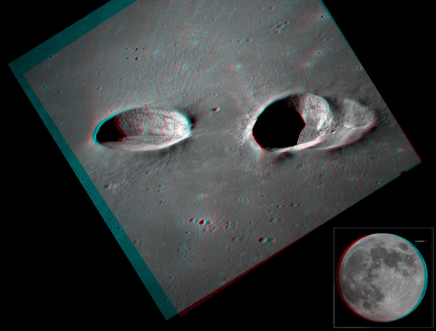 Mit rot-blauen Brillen wirkt dieses Bild von zwei Kratern auf einer relativ glatten Oberfläche auf dem Mond dreidimensional.
