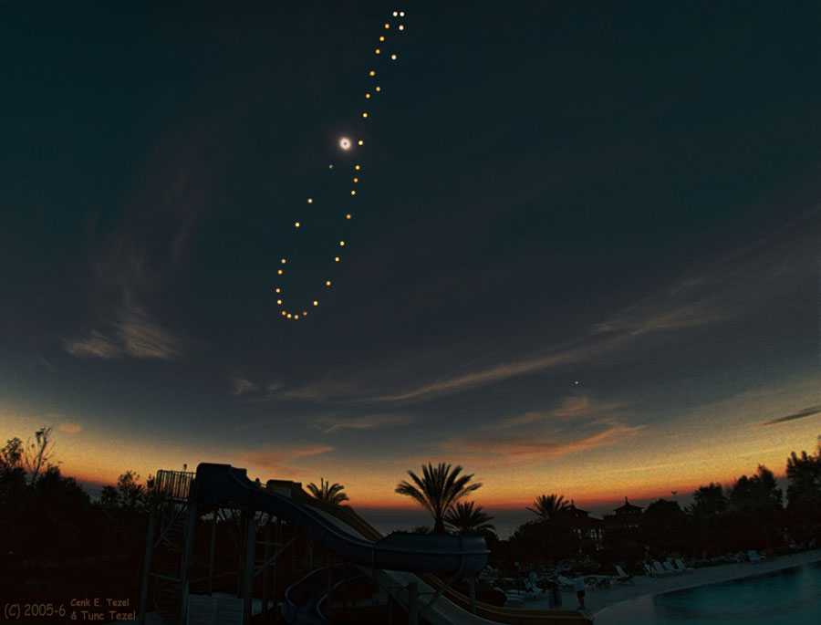 Über einem Horizont mit Palmen leuchtet ein schmaler heller Streifen, datüber leuchtet am dunklen Himmel ein Sonnen-Analemma mit einem hellen Bild einer totalen Sonnenfinsternis ("Tutulemma").