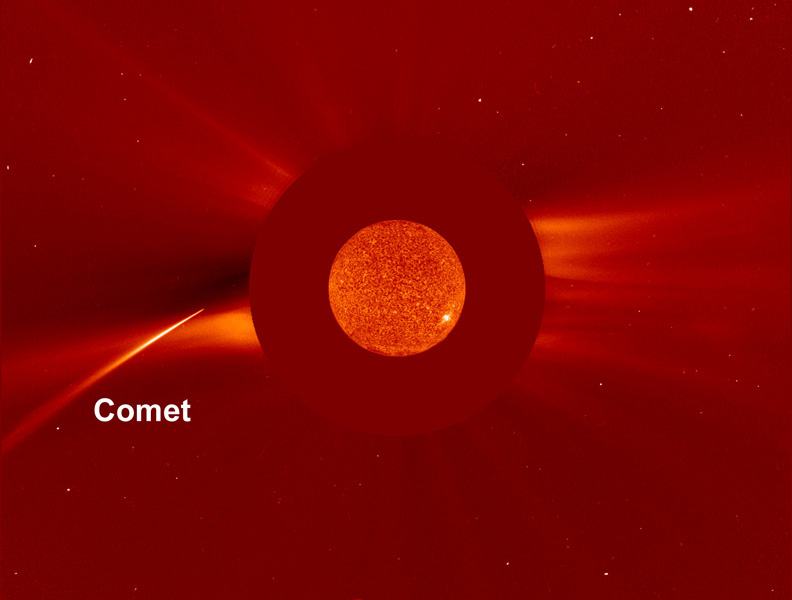 Mitten in diesem roten Bild leuchtet die Sonne, die von einer Blende umgeben ist. Außen um die Blende strömt Sonnenwind aus, links bewegt sich ein Komet auf die Sonne zu.