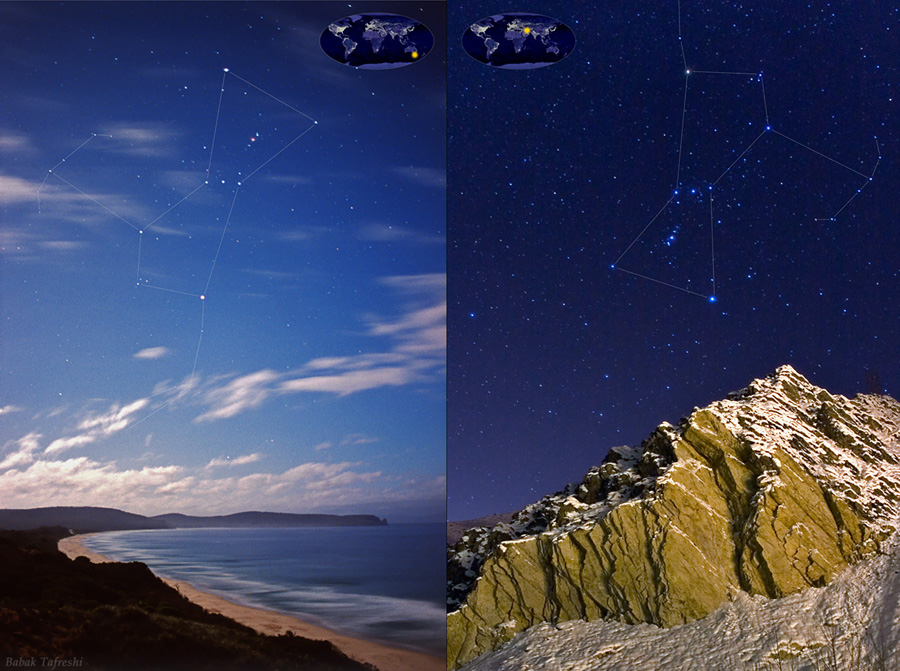 Links steht das Sternbild Orion kopfüber über einem Strand, rechts mit dem Kopf oben über einem verschneiten Felsen.