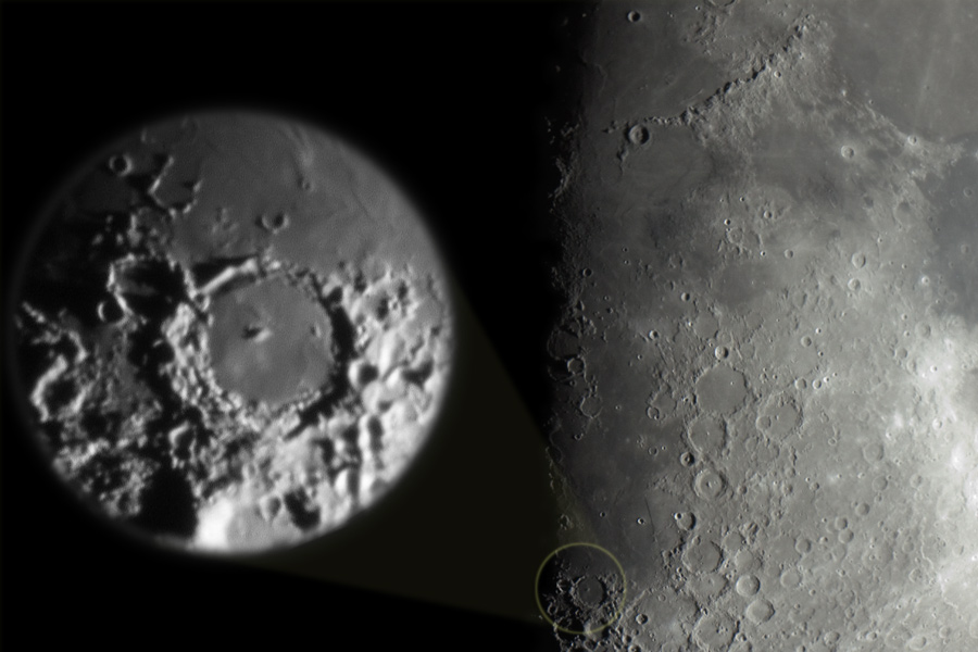 Das Bild zeigt Krater an er Schattenlinie des Mondes. Unten sin deinige Krater mit einem Kreis umgeben, diese sind in einem Einschub vergrößert dargestellt.