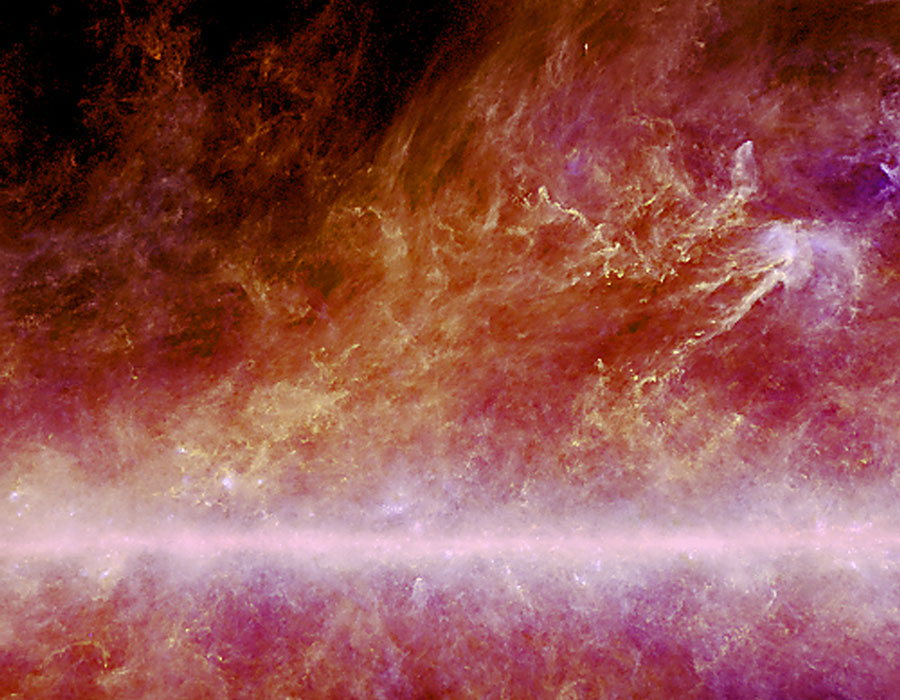Das Bild ist voller stark strukturierter oranger, gelber und ruter Nebel, oben ist im Hintergrund der schwrze Weltraum, unten verläuft waagrecht ein rosarotes helles Nebelband.