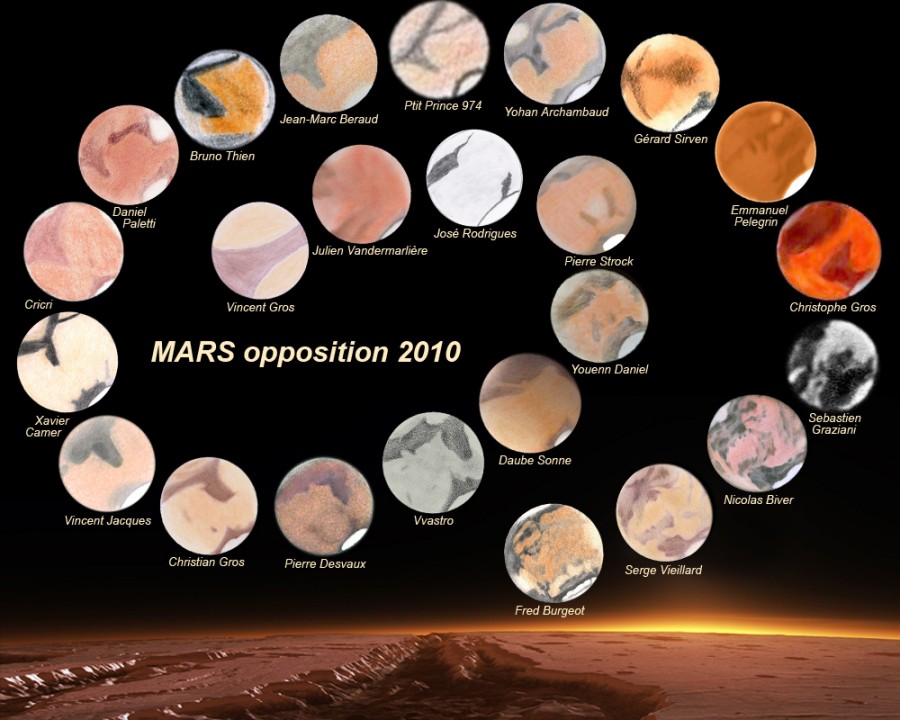 Vor einer Marslandschaft unten mit viel sehr dunklem Himmel darüber sind viele Zeichnungen des Planeten Mars spiralförmig angeordnet.