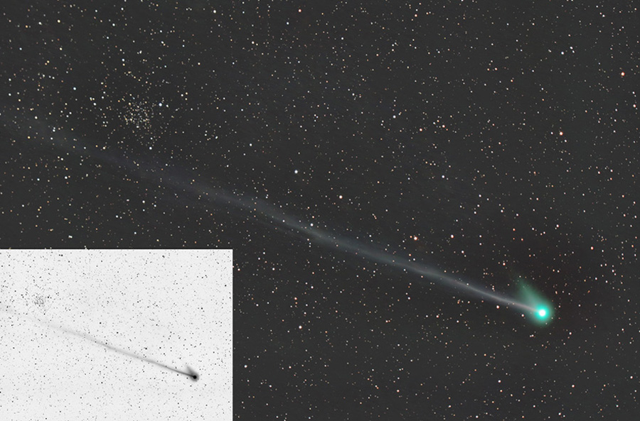 Die überlagerte Bildversion zeigt Komet McNaught ohne Sterne im Hintergrund.