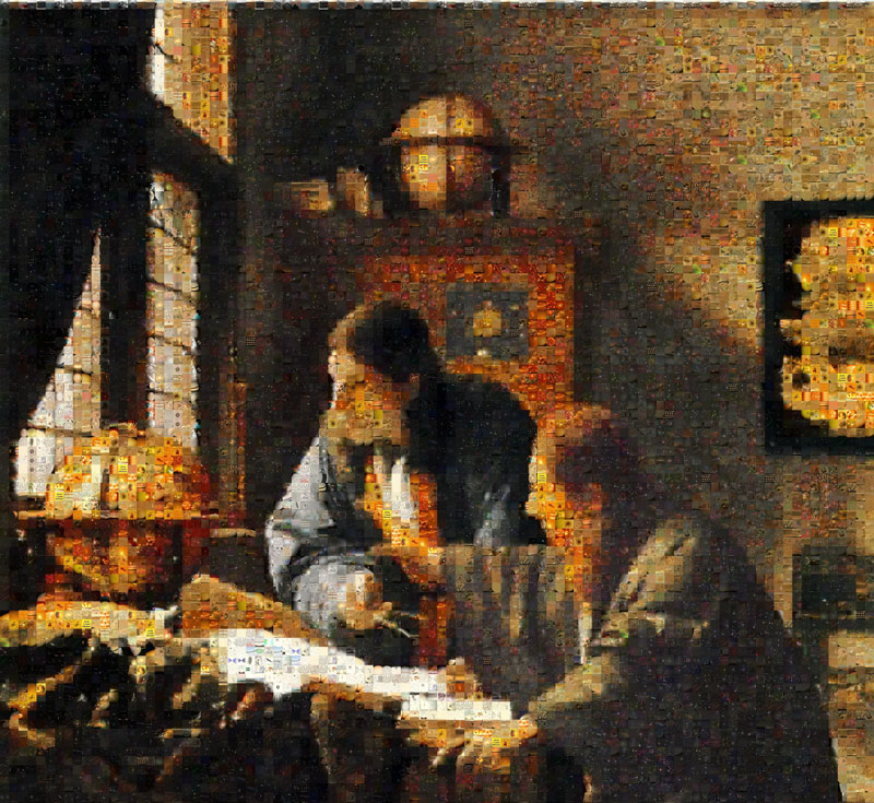 Das Bild zeigt eine Kombination von Vermeers Astronomen und Geografen, überlagert von APOD-Bildern aus 15 Jahren.