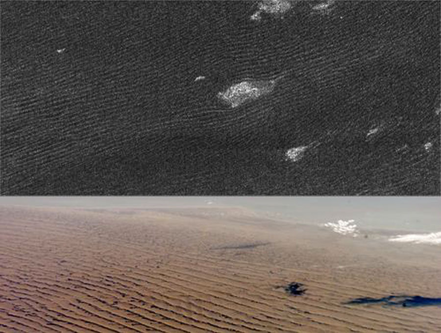 Oben ist eine dunkle Aufnahme von Sanddünen an Titans Äquator, unten sind Sanddünen aus Namibia.