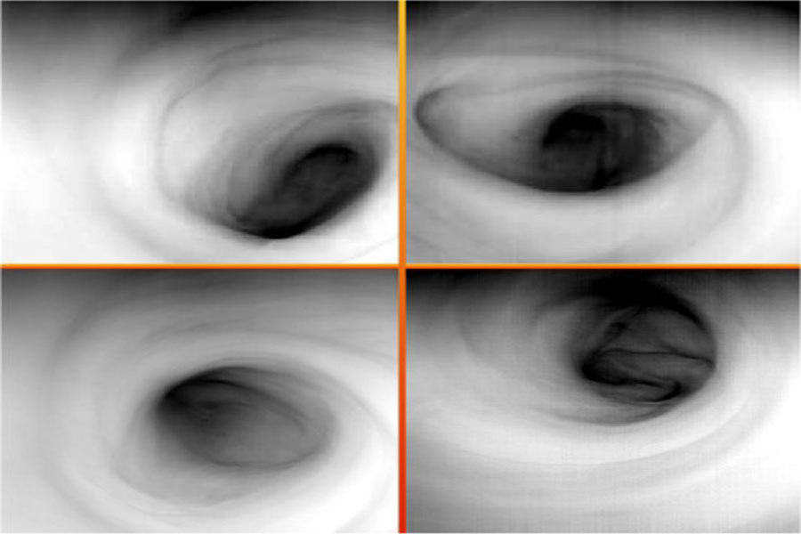 Die Matrix aus vier Bildern zeigt vier Ansichten eines Strudels, der in einen dunklen Trichter führt.