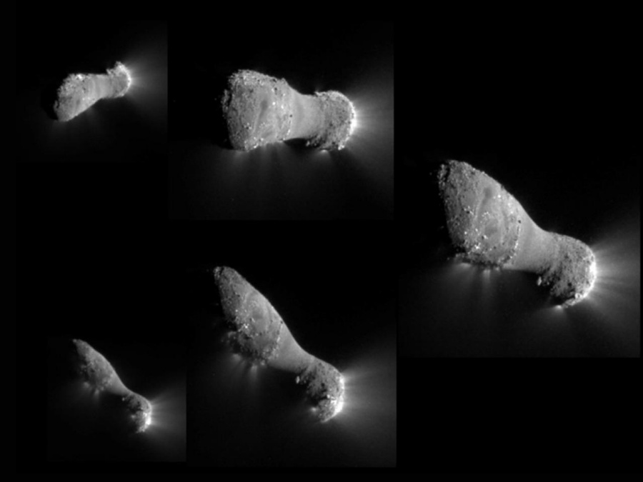 Das Kompositbild zeigt fünf Ansichten des Kometen Hartley 2, welche die Raumsonde EPOXI bei ihrem Vorbeiflug fotografiert hat. Links ist der Komet zweimal klein dargestellt, rechts ist das größte Bild vom keulenförmigen Kometen mit hellen Strahlen am rechten Ende.