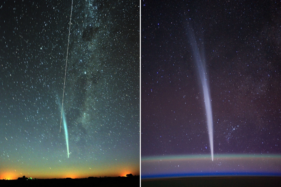 Zwei Bilder zeigen den Kometen Lovejoy mit einem riesigen weißen Staubschweif. Das linke Bild wurde in der Dämmerung fotografiert, als die ISS über den Himmel zog, das rechte im Weltraum auf der iSS. Im rechten Bild ist hinter dem Kometenkopf eine grünliche Schicht Nachthimmellicht.