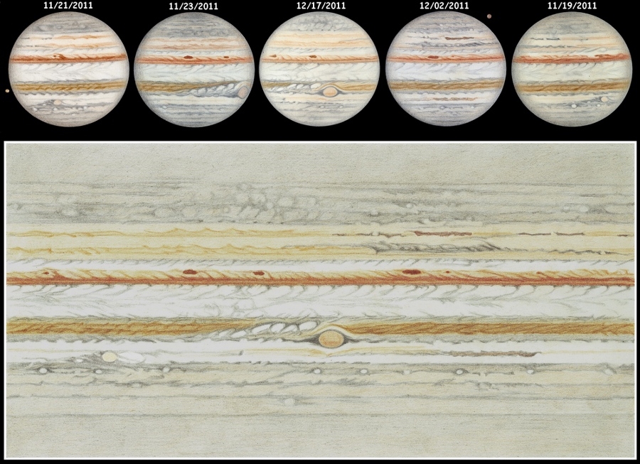 Das Bild sind Handskizzen. Oben sind fünf Ansichten des Planeten Jupiter, unten ist eine ganze Karte des Planeten ausgebreitet.